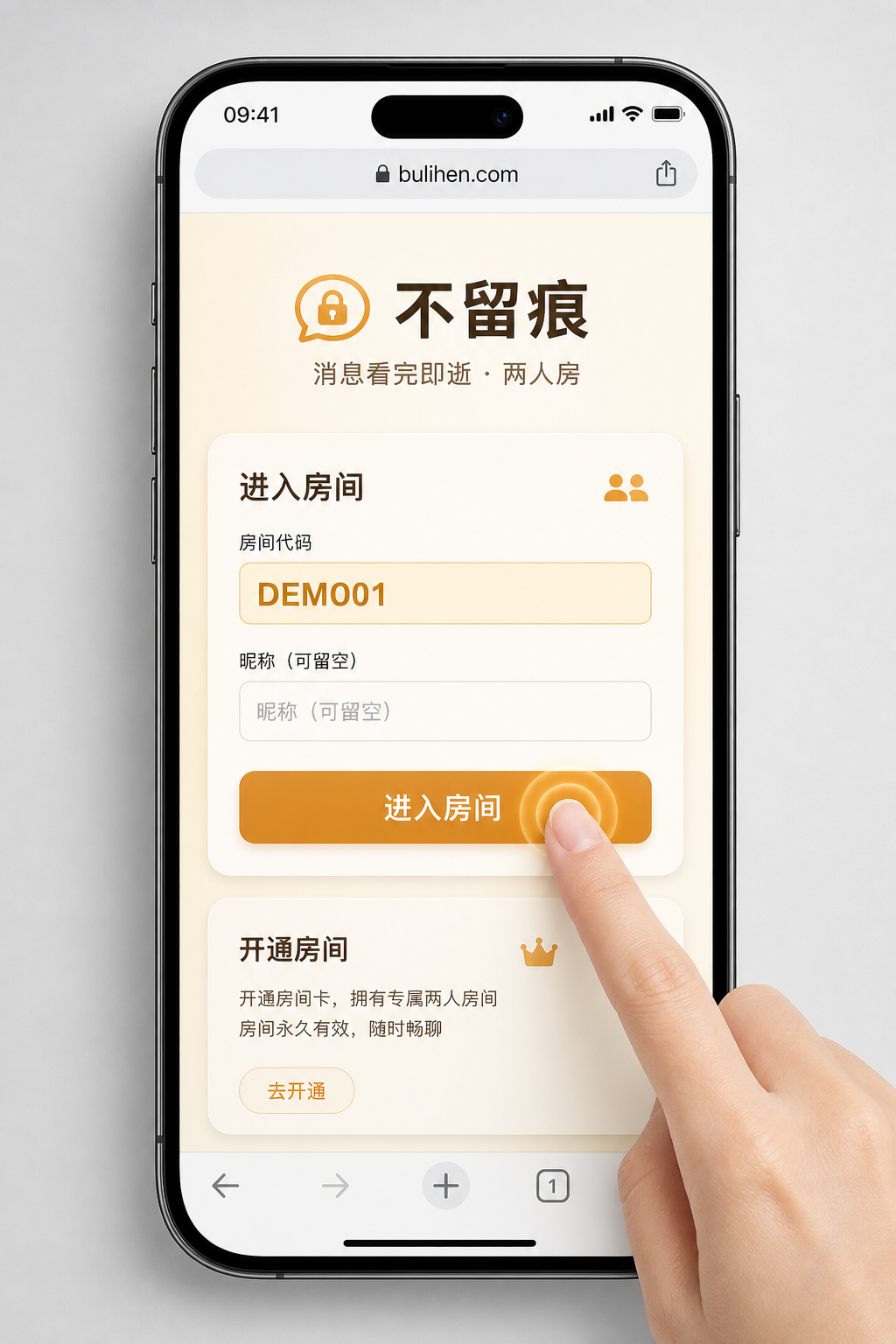 无痕聊天大厅，填入演示房间码进入示意